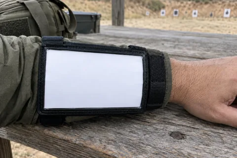 Reference card in a clear-window nylon holder strapped to a forearm resting on a range bench