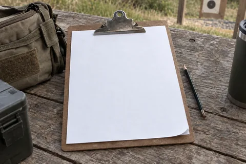 Full-page range log on a brown clipboard with a pencil at an outdoor range