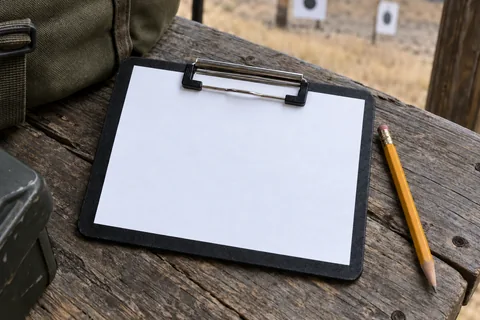 Small match-notes card clipped to a black clipboard beside a pencil on an outdoor bench